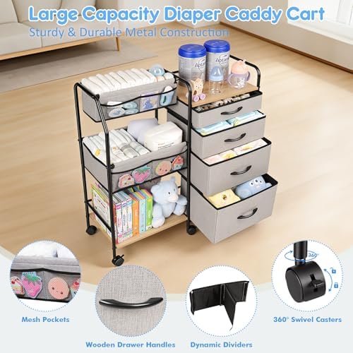 Fabuday nursery storage cart featuring wooden shelves and side mesh pockets