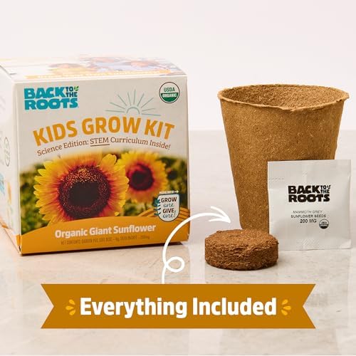 Back to the Roots Kids Science Grow Kit showing the organic giant sunflower and jumbo watermelon seed packets.