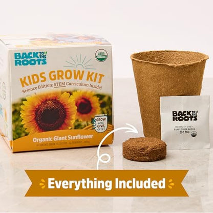 Back to the Roots Kids Science Grow Kit showing the organic giant sunflower and jumbo watermelon seed packets.