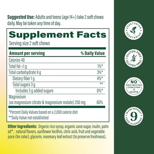 MegaFood chewable magnesium supplement showing grape flavor details and two hundred and fifty milligram dosage