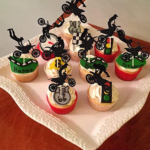 Full set of 24 motorcycle themed dessert picks for sports parties