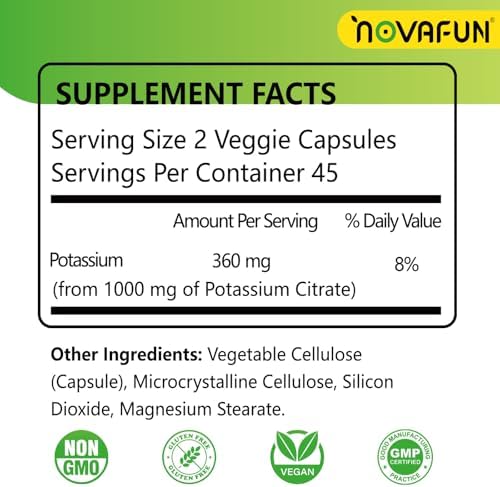 Novafun Potassium Citrate 90 capsules label showing supplement facts and vegan certification