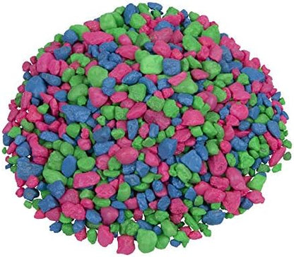 Top view of GloFish pink green and blue aquarium gravel