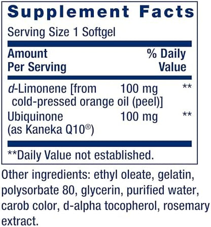 Supplement facts label of Life Extension CoQ10 with d-limonene.