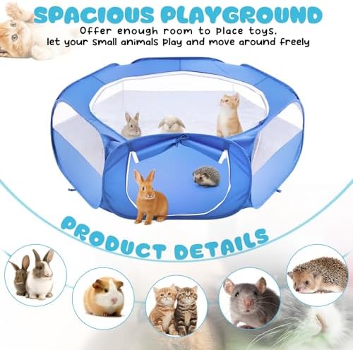Small Animal Playpen & Grooming Kit, Portable Foldable Pet Playpen with Mesh Top for Rabbits, Guinea Pigs, Hamsters, Hedgehogs, Includes Feeding Bowls, Grooming Tools, and Bedding Mat, Blue - Image 8