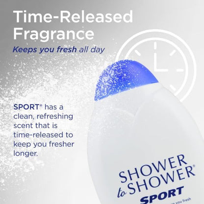 Shower To Shower Sport 13 ounce bottle showing time released fragrance feature.