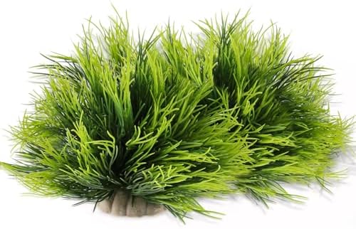 Close up of realistic green plastic grass bush ornaments for fish tank background styling