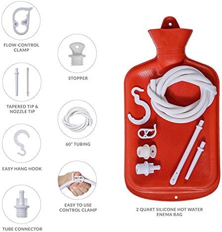 Reusable red rubber hot water bottle and douche bag combination for home wellness.