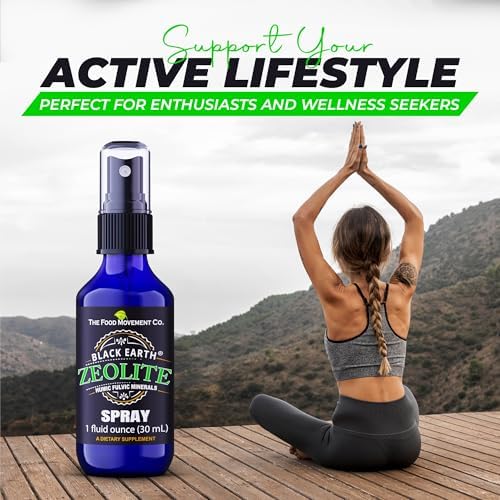 Premium USA imported Black Earth Zeolite dietary supplement spray on a clean wellness background.