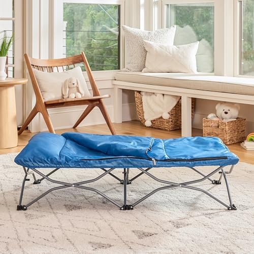 Regalo toddler bed collapsed and folded down to demonstrate the compact travel design.