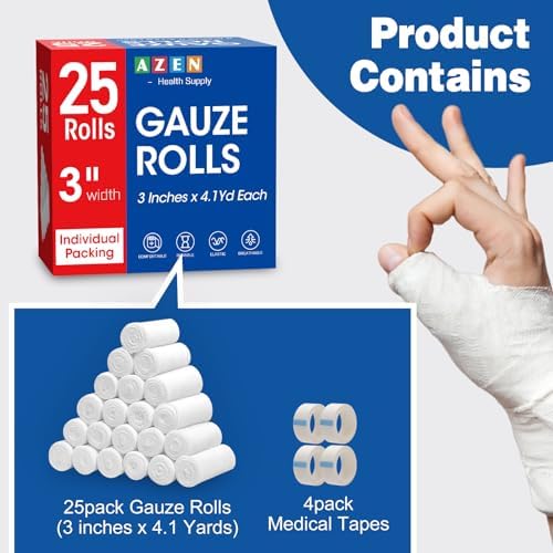 Individually wrapped three inch medical gauze bandages for hygienic wound dressing.