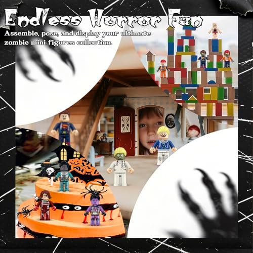 Horror themed miniature people displayed on a building block baseplate