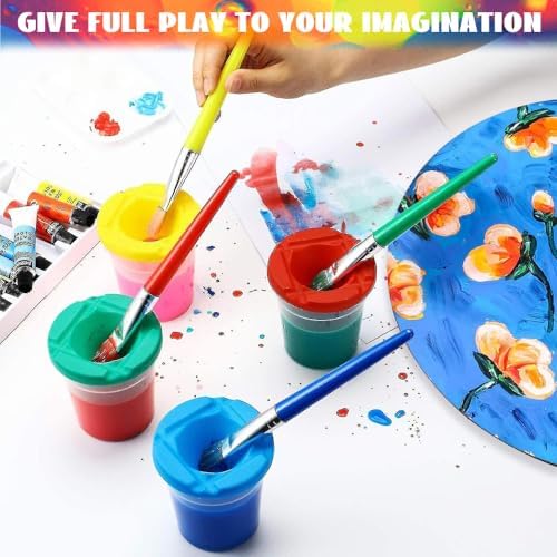 Washable plastic paint mixing cups showing the airtight double lid design used for preserving acrylic paints for school classrooms