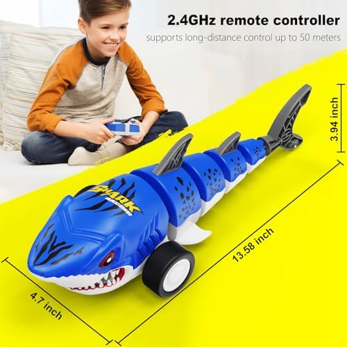 Remote control shark toy showing the 2.4GHz transmitter and rechargeable battery