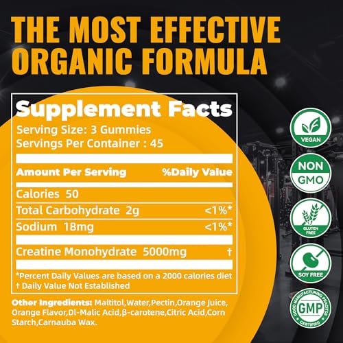 Orange flavored creatine gummies serving size container display