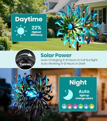 Close up of Vufoz metal wind spinner crackle glass solar globe