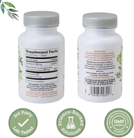 Quantum Health MigShield dietary supplement packaging highlighting magnesium riboflavin and coenzyme Q10 ingredients.