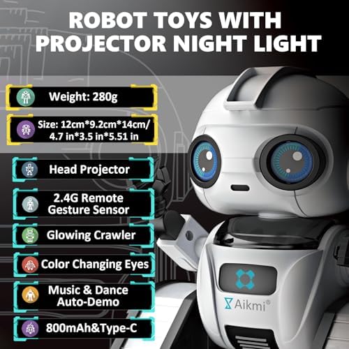 Close up of Aikmi robot star projector night light in dark room