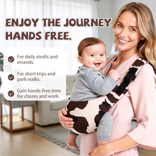 Slumberkiddies cow print toddler carrier flat layout highlighting dual adjustment straps