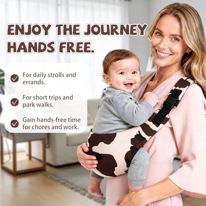 Slumberkiddies cow print toddler carrier flat layout highlighting dual adjustment straps