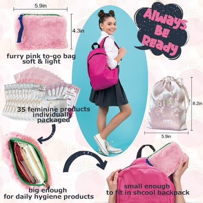 Comprehensive feminine hygiene kit with wipes and disposal bags for tweens.