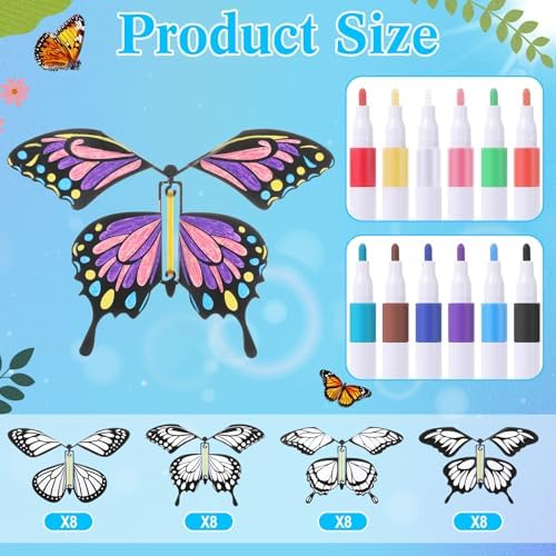Thirty-two white wind-up butterflies and twelve colored pens displayed for kids party activity