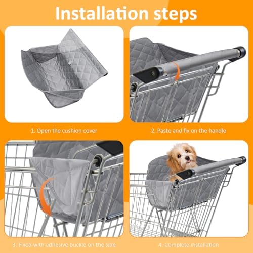 Dog sitting comfortably in grocery cart with protective liner