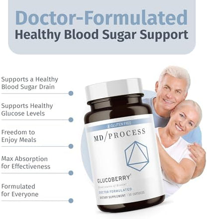 Side angle view of doctor formulated MD Process GlucoBerry capsules for glucose metabolism