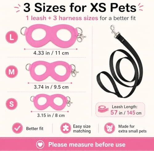 Meow and Woof small animal leather harness showing three size options