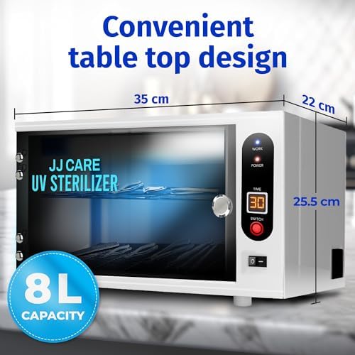 Side profile of JJ Care UV light cabinet for salon and spa tools