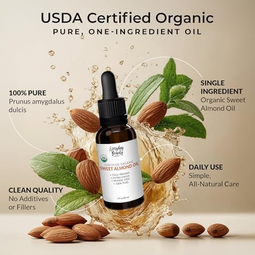 USDA certified organic unrefined almond oil packaging showing product labels