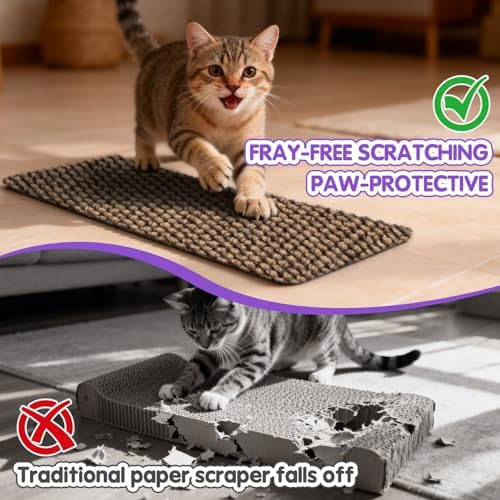 Flexible cat scratcher wrapped perfectly around a ninety degree wooden wall corner.