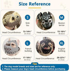 Barkless pug muzzle demonstrating three hole ventilation for panting and drinking
