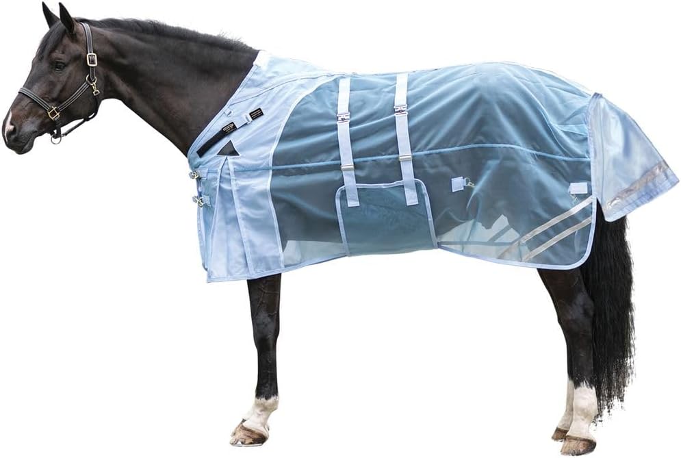 Schneiders Mosquito Mesh Horse Fly Sheet front view showing blue protective fabric on a horse.