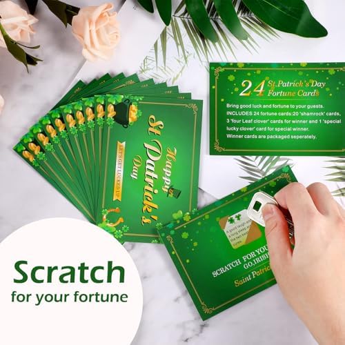 Close up of Frienda St. Patrick's Day scratch off game cards