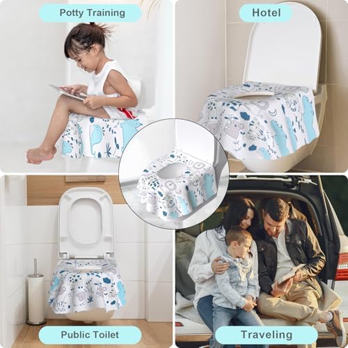Individually wrapped travel potty covers placed neatly inside a compact diaper bag.