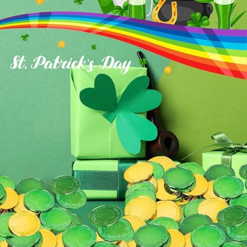Festive green leprechaun coins scattered across a holiday party table.