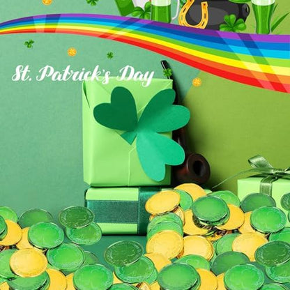 Festive green leprechaun coins scattered across a holiday party table.