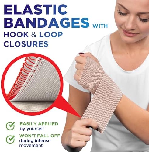Two rolls of beige Mighty-X elastic bandages for first aid kits.