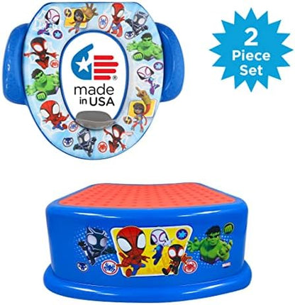 Cushioned soft potty seat from the Ginsey Spidey toilet training kit showing the built-in side handles and splash guard