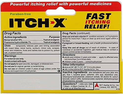 Dermatologist-recommended Itch-X packaging showcasing usage directions for insect bites and hives relief.