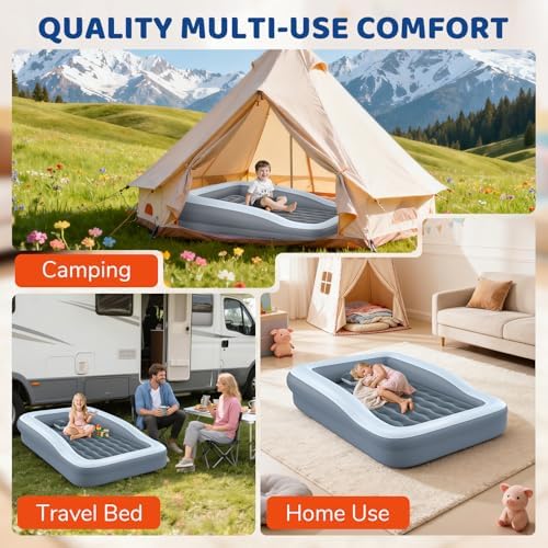Grey inflatable travel bed for kids with electric air pump accessory