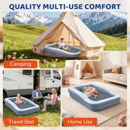 Grey inflatable travel bed for kids with electric air pump accessory