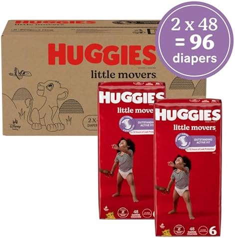 Huggies Size Six ninety-six count diaper packaging displaying twelve hour leak lock protection