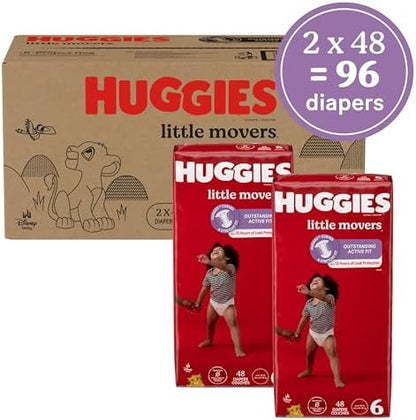 Huggies Size Six ninety-six count diaper packaging displaying twelve hour leak lock protection