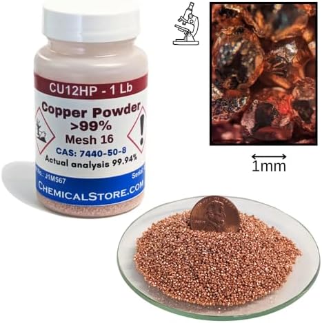 Close up view of 10-16 mesh high purity copper spherical crystals