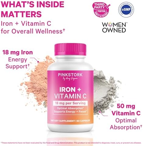 Pink Stork chelated iron bisglycinate supplement side panel showing nutrition facts