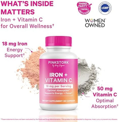 Pink Stork chelated iron bisglycinate supplement side panel showing nutrition facts