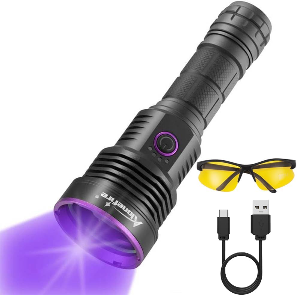 Alonefire SV43 36W 365nm UV Flashlight front view highlighting the premium black filter lens.