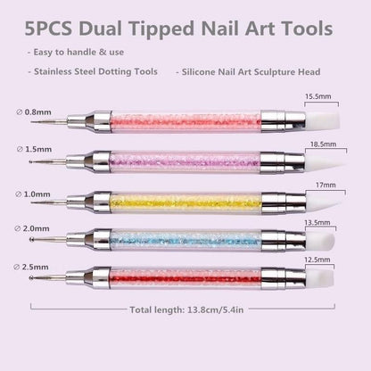 Close up of five stainless steel metal ball tips for precise manicure detailing